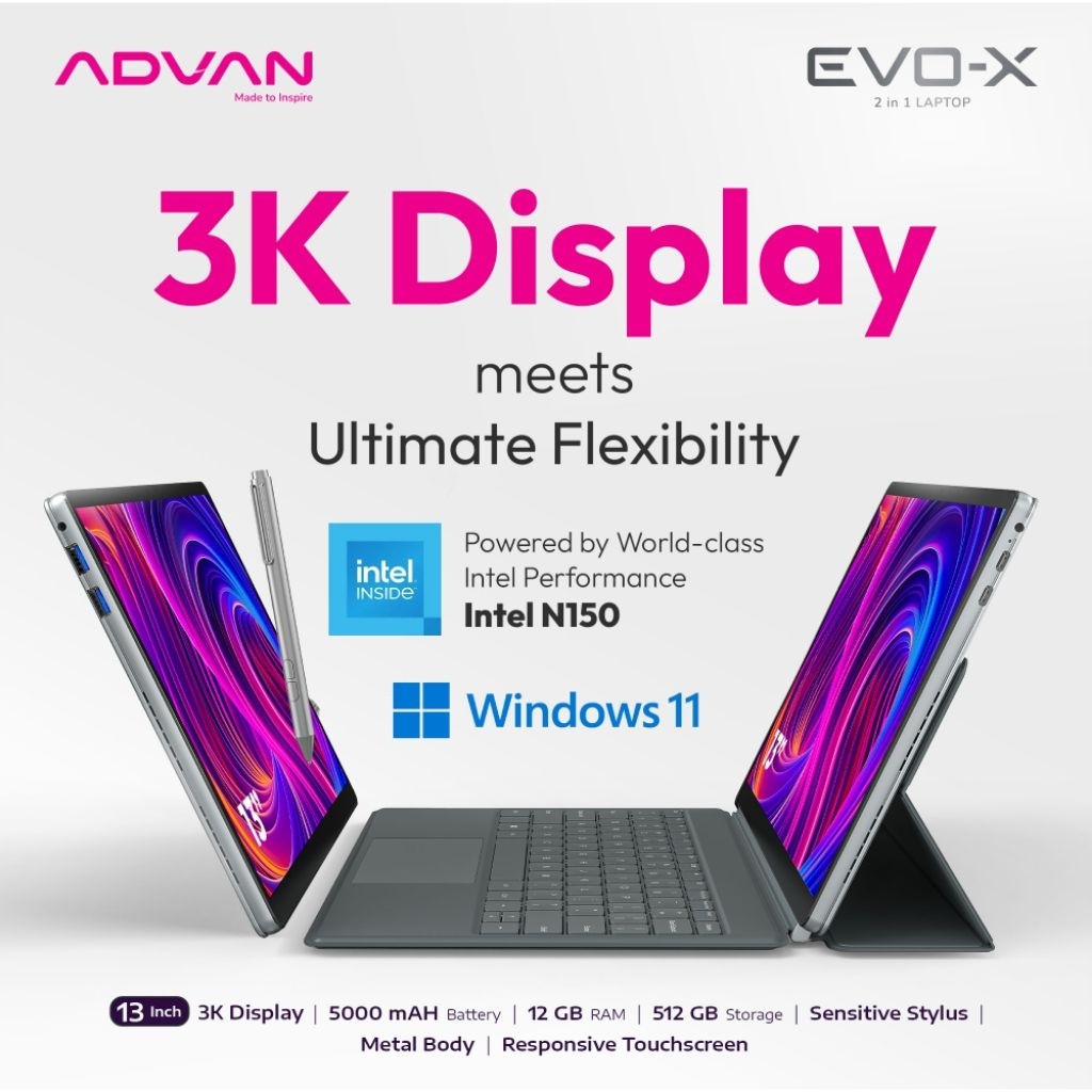 Advan EvoX 13 Intel N150 Laptop 2 In 1 Tablet Windows Intel N150 13 inch 3K IPS Ram 12GB Storage 512