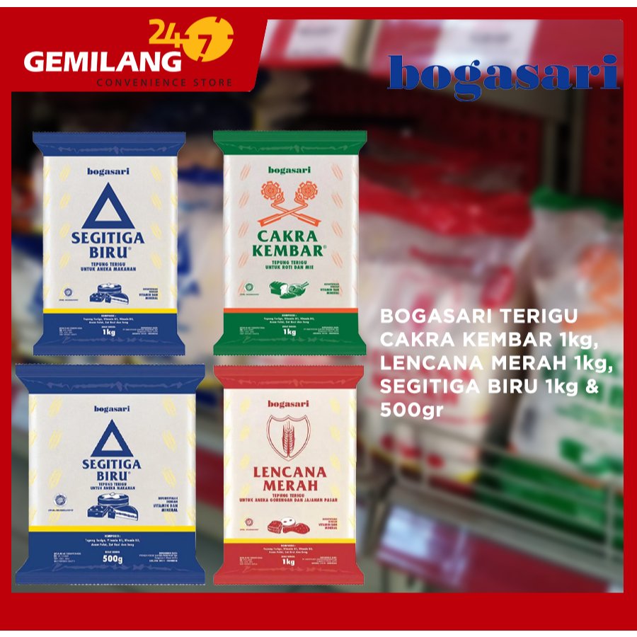 

BOGASARI TERIGU CAKRA KEMBAR, TERIGU LENCANA MERAH 1kg, BOGASARI TERIGU SEGITIGA BIRU 500gr & 1kg