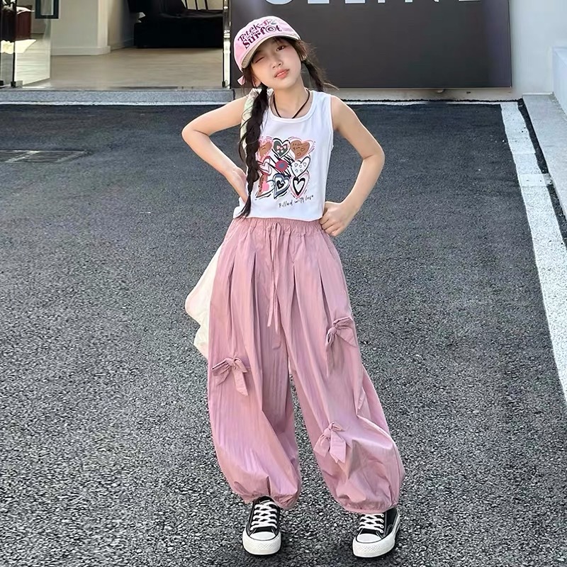 Anak Perempuan Cargo Setelan Pola bunga rompi T-Shirt Celana Cargo Highwaist lose pants jumbo casual