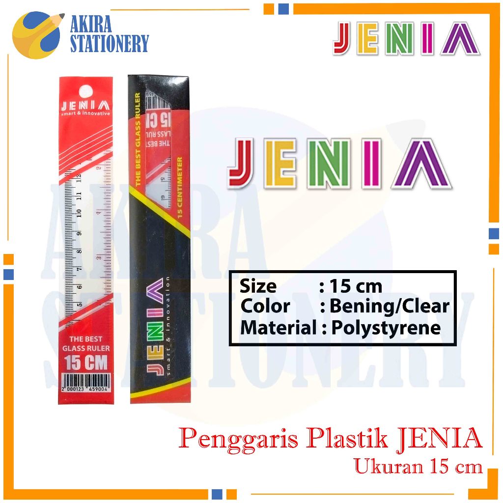 

Penggaris Plastik Mika JENIA 15 cm untuk Peralatan Sekolah / Short Glass Ruler Jenia 15 sentimeter PAK / Mistar Jenia Pendek 15 cm Per BOX isi 24 Pcs