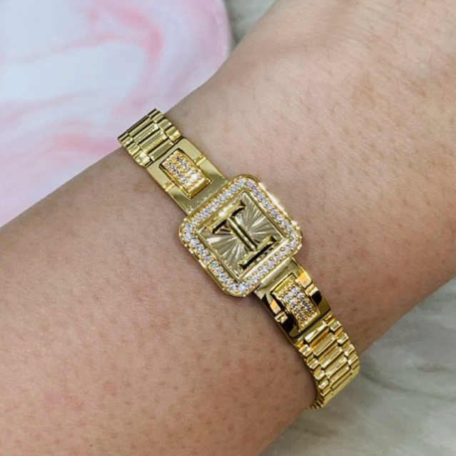 gelang model jam tangan kotak permata kristal H klip simple elegant emas asli kadar 875