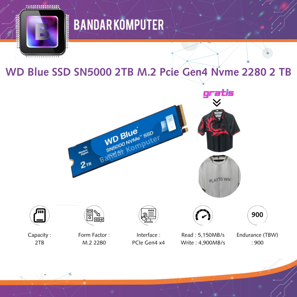 WD Blue SSD SN5000 2TB M.2 Pcie Gen4 Nvme 2280 2 TB