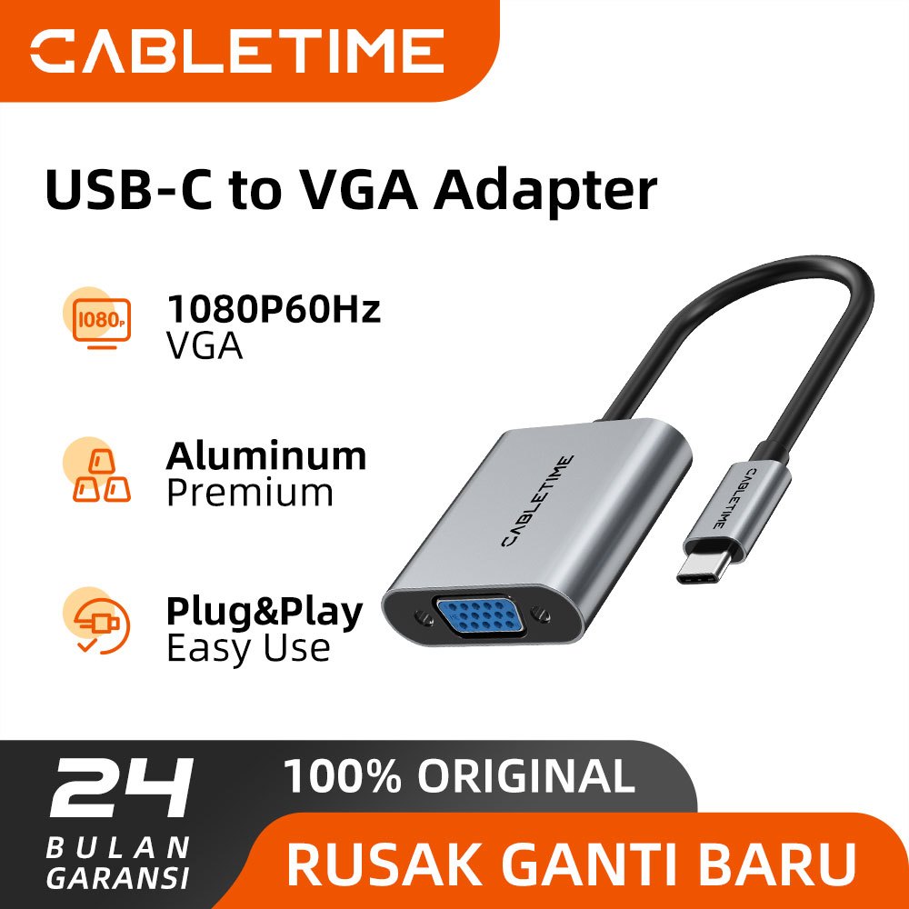 CABLETIME USB Type C To VGA Display Adapter Converter FHD 1080p Male to Female Laptop ke Monitor Pro