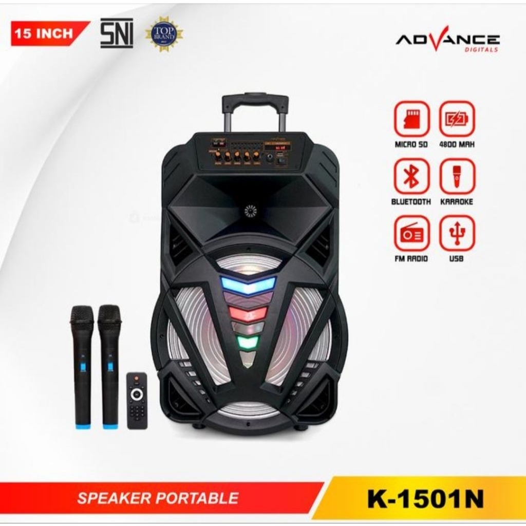 SPEAKER AKTIF PORTABLE BLUETOOTH ADVANCE K1501N 15INCH MIC 2
