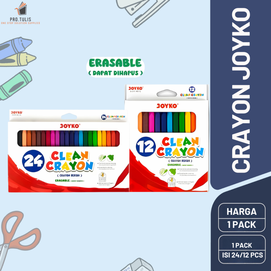 

Crayon JOYKO Dapat Dihapus Pakai Sampai Habis / CLEAN CRAYON ERASABLE 12 dan 24 WARNA