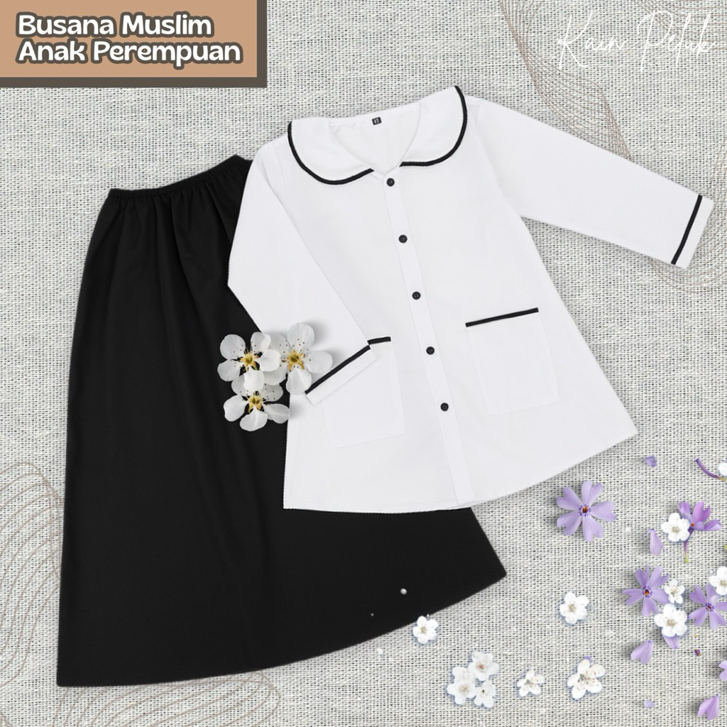 Setelan Baju Muslim Anak Putih Hitam Perempuan TPQ/Diniyyah