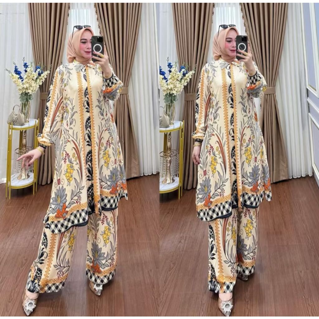 ONE SET LONG TUNIK SETELAN BAJU MUSLIM WANITA RAYON PREMIUM CELANA KULOT JUMBO