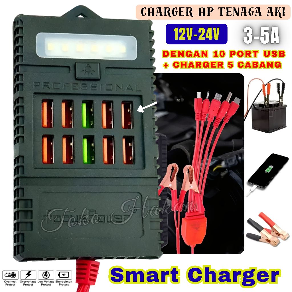 Charger HP Dari Arus Aki Casan HP Dari Aki Motor/Mobil FLECO ZS-09 Dengan Kabel Jack Buaya 50cm ( Bi