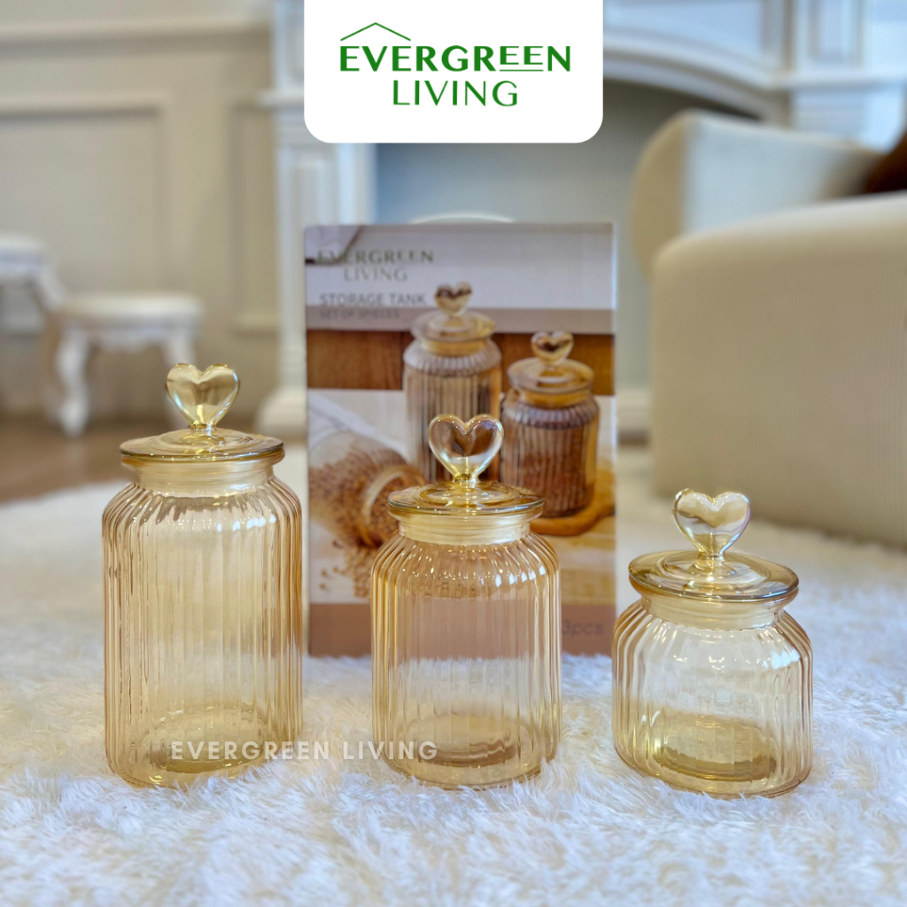 [COD] EVERGREEN Toples Kaca Hati Love Set 3 Pcs Stoples Tempat Penyimpanan Kue Kering Love Lebaran W