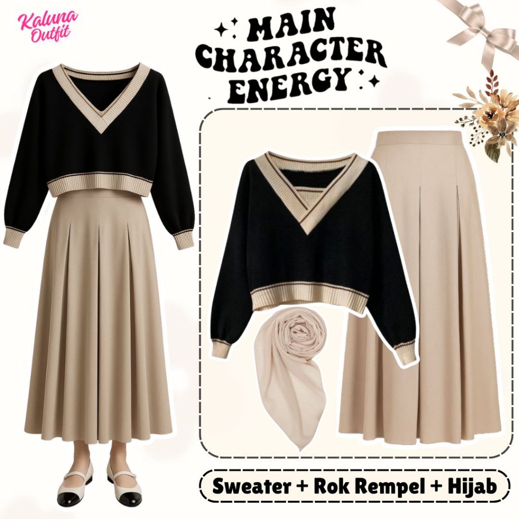 3in1 One Set Hijab (Sweater Rajut, Rok Rempel Katun Linen, Bella Square) Outfit Wanita Kekinian KO4B