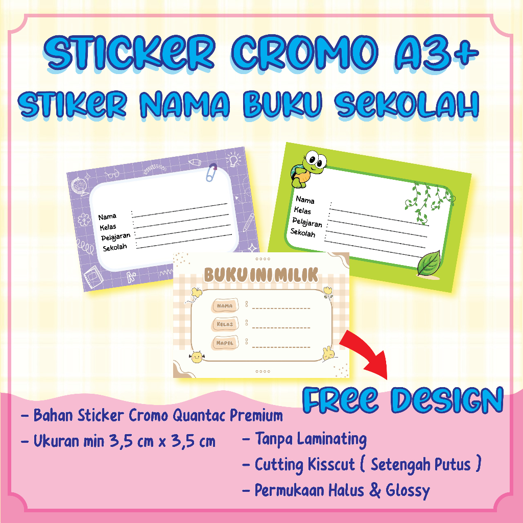 

Cetak Stiker Cromo Nama Buku Sekolah Anak Label BUku Tulis Catatan Custom Chromo A3+ Kromo