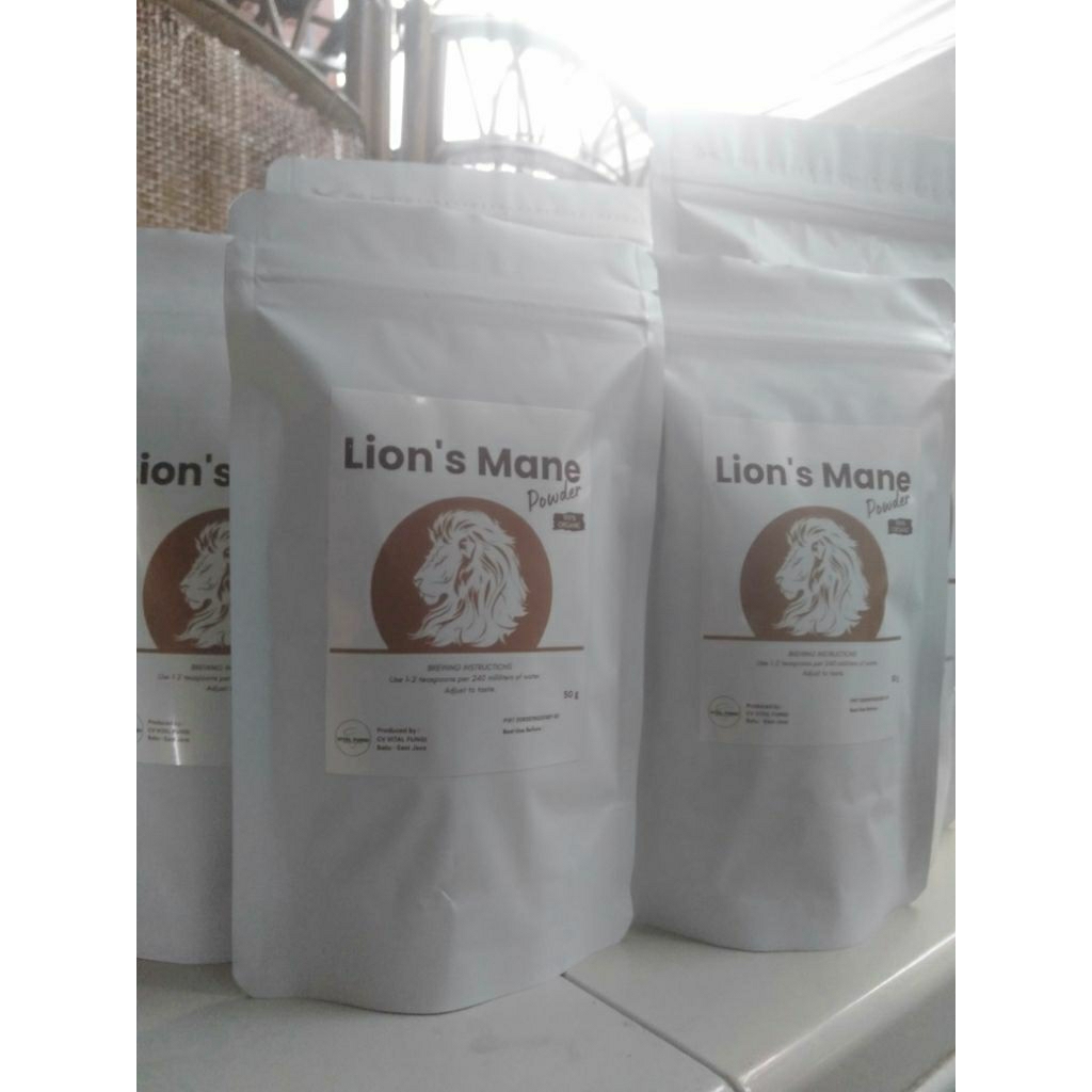 

lion's mane powder / serbuk jamur lion's mane (Surai singa), suplemen otak, nutrisi otak, kesehatan tubuh,