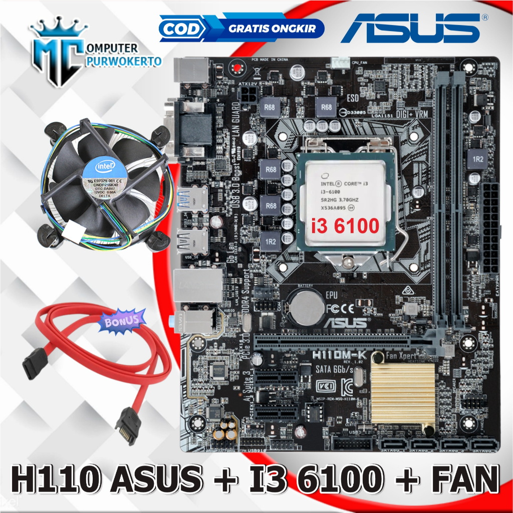 Paket Mainboard Mobo H110 LGA 1151 DDR4 + Processor Core i3 6100 Skylake + Fan
