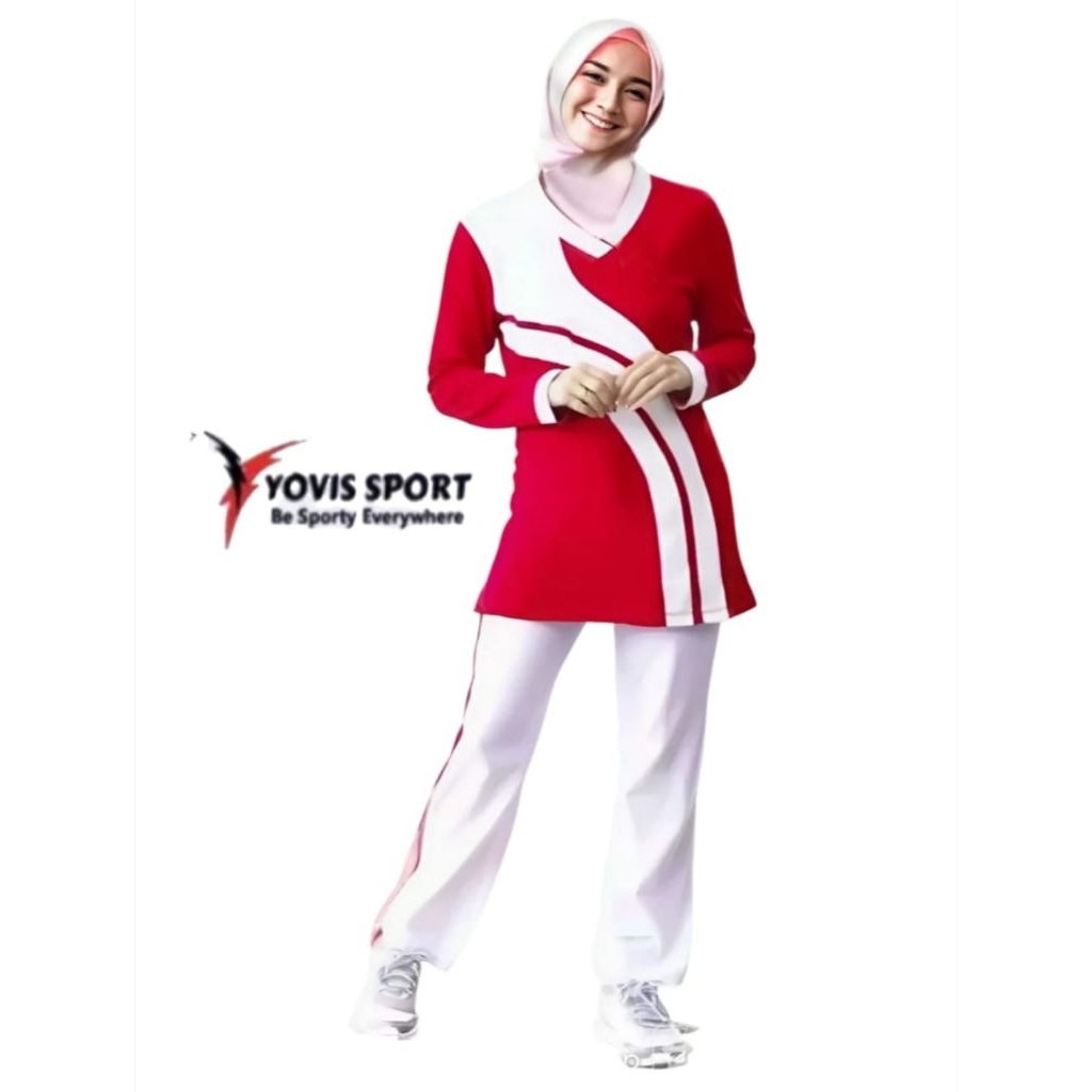 PROMO NEW Setelan Senam Muslimah Wanita – Merah Putih | Yovis Sport | Celana Cutbray