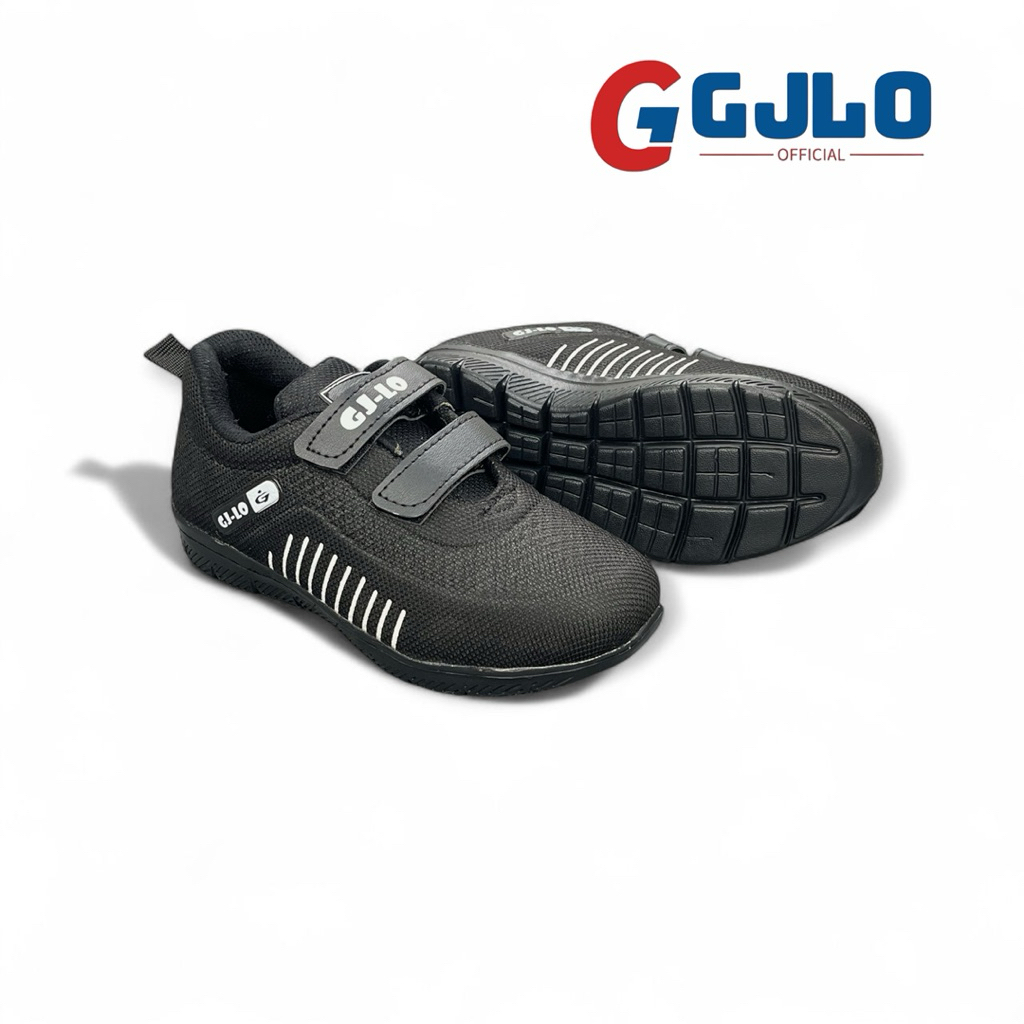 GJLO Aston - Sepatu Sekolah Anak Unisex Velcro Hitam Polos Terbaru