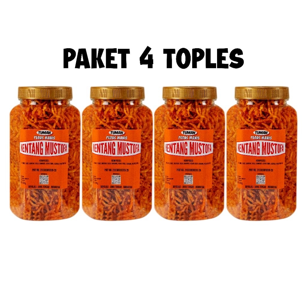 

Camilan Kering Kentang Mustofa Paket 4 Toples 700ml Pedas Manis dan Original