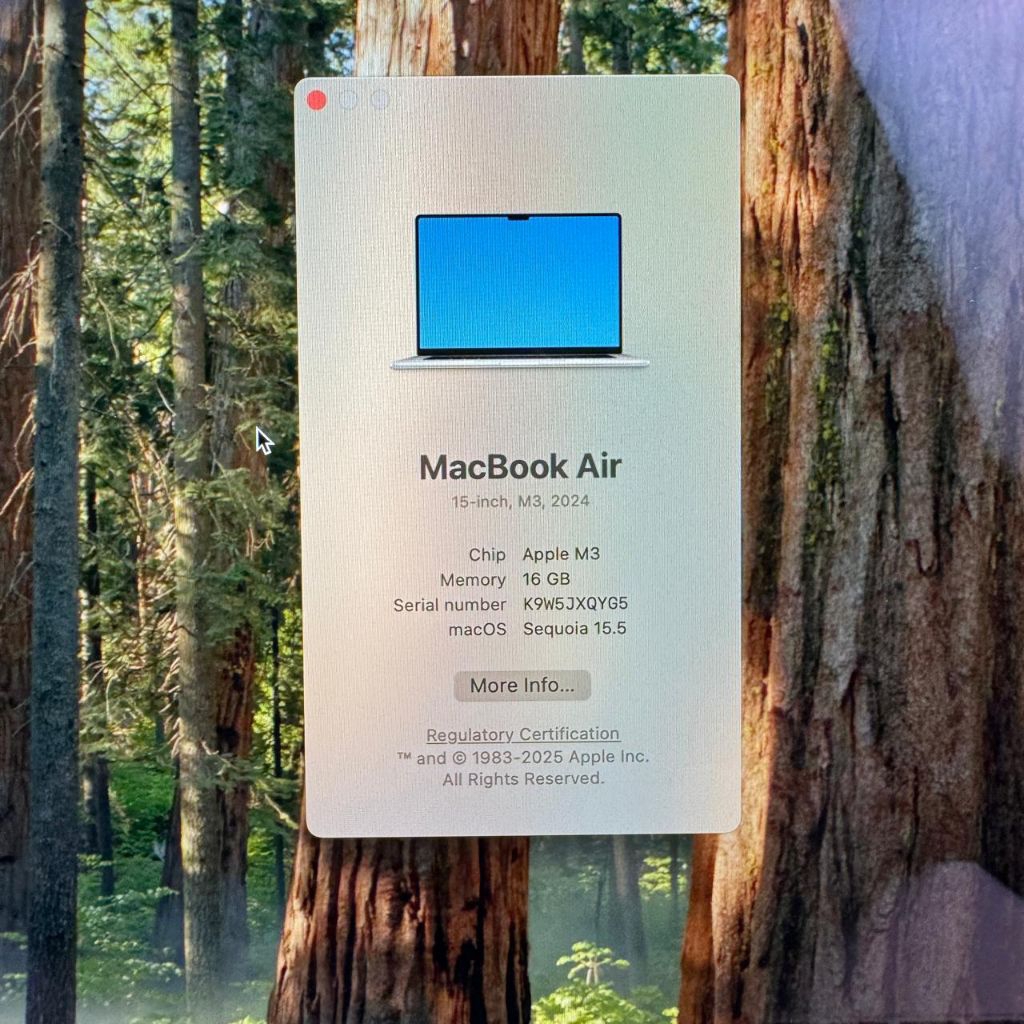 Macbook Air M3 layar 15 Inch Ram 16 Ssd 256 lengkap full set Starlight Ibox baru 3 minggu garansi ju