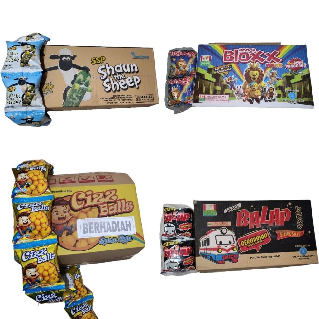 

SNACK SURPRISE BERHADIAH UANG 1 DOS ISI 40 PCS SNACK SHAUN THE SHEEP , SNACK BALAP, SNACK BLOXX, SNACK CIZZ BALLS