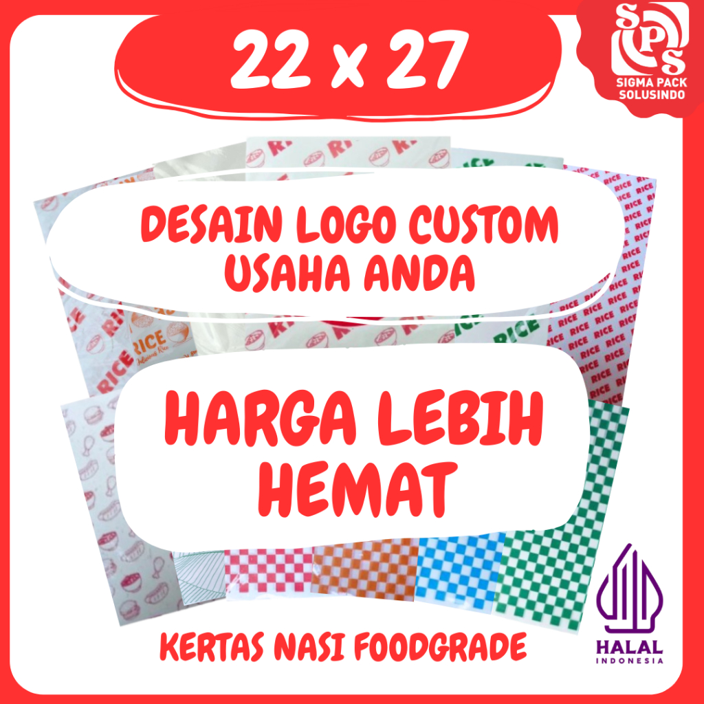 

Bungkus Nasi 22x27 Isi 500 kertas nasi Desain Custom putih laminasi Foodgrade Desain Nasi Padang