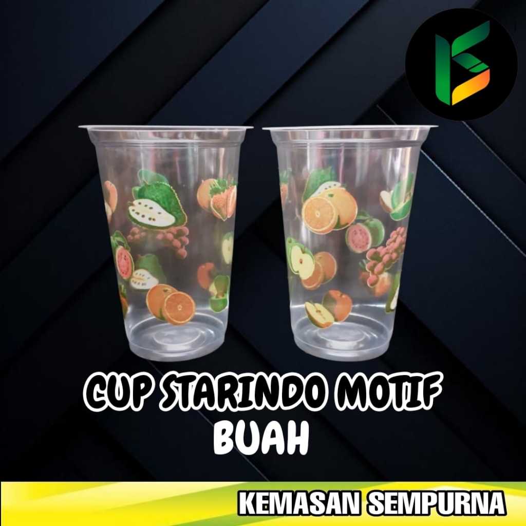 Gelas Plastik Cup PP Starindo 16 oz datar 7 gr motif buah