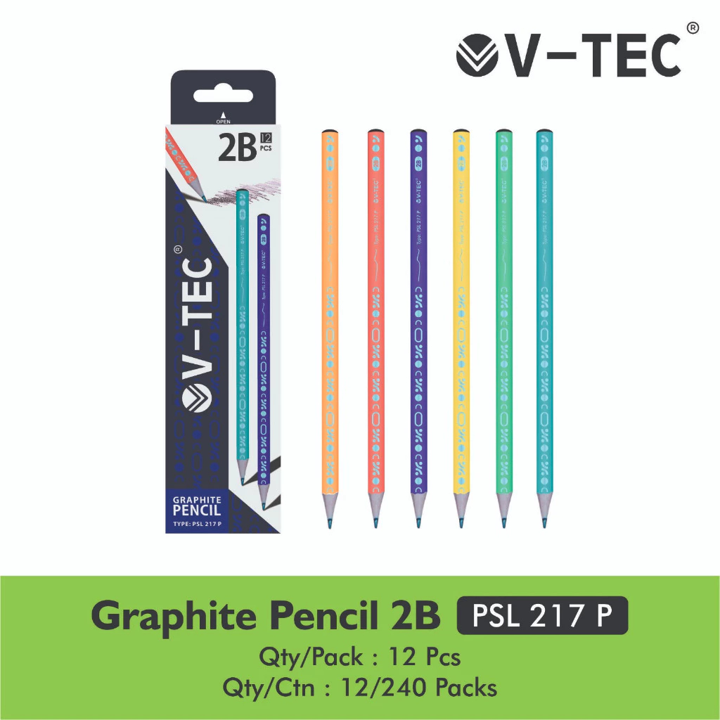 

V-TEC Pensil 2B Kayu 12 Pcs Warna Warni / V-TEC Graphite Pencil 2B PSL-217P Isi 12PCS