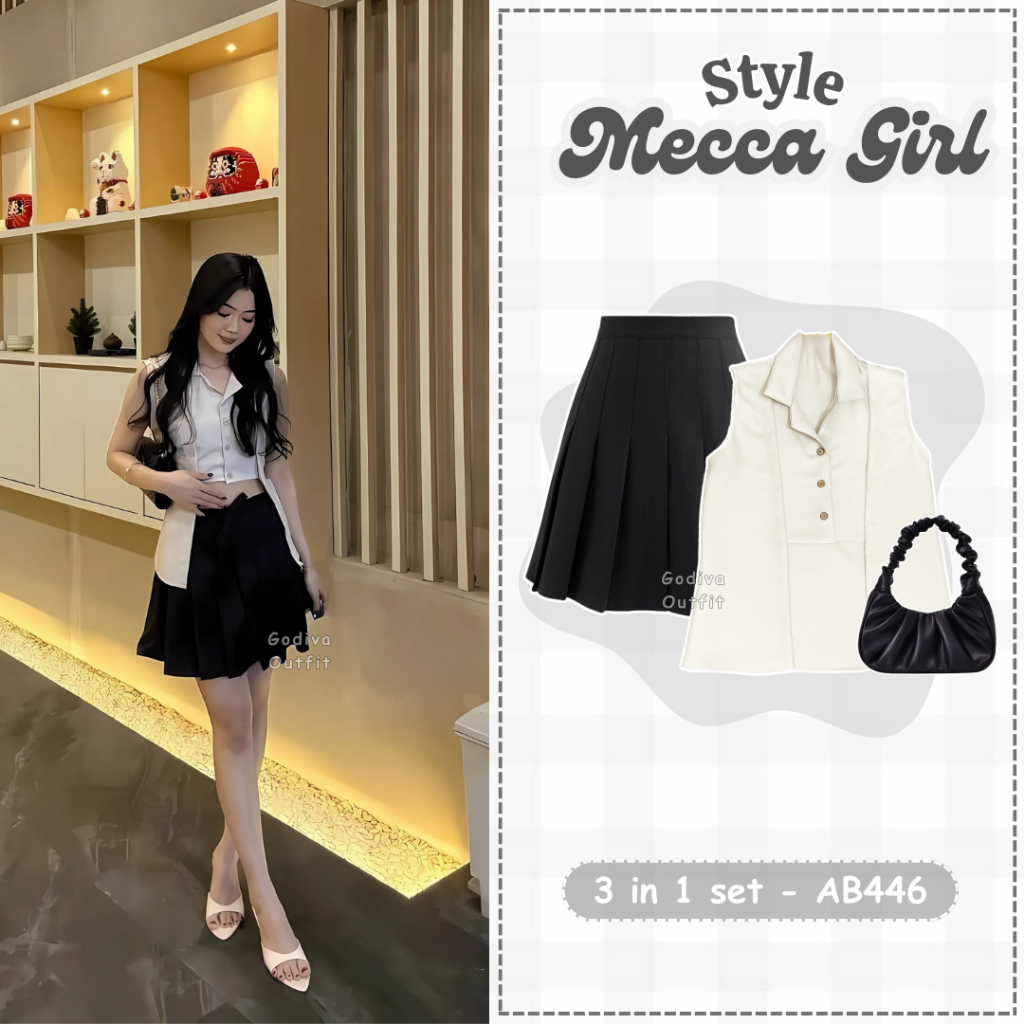 Godiva Outfit Atasan Vest Mecca Top Outer 3In One Set Korean Style ( Tas+Vest Mecca+Rok Pendek ) Out