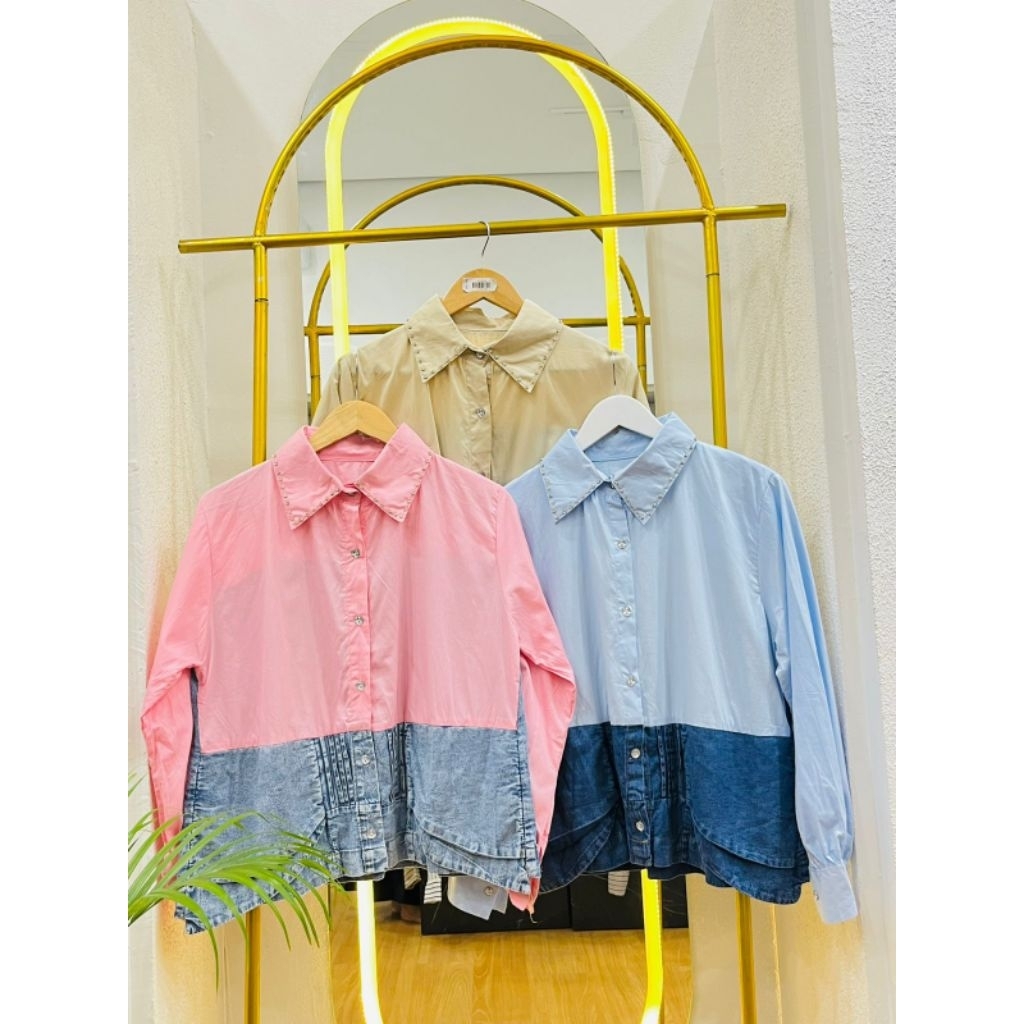 Kemeja plain kombinasi jeans wanita premium