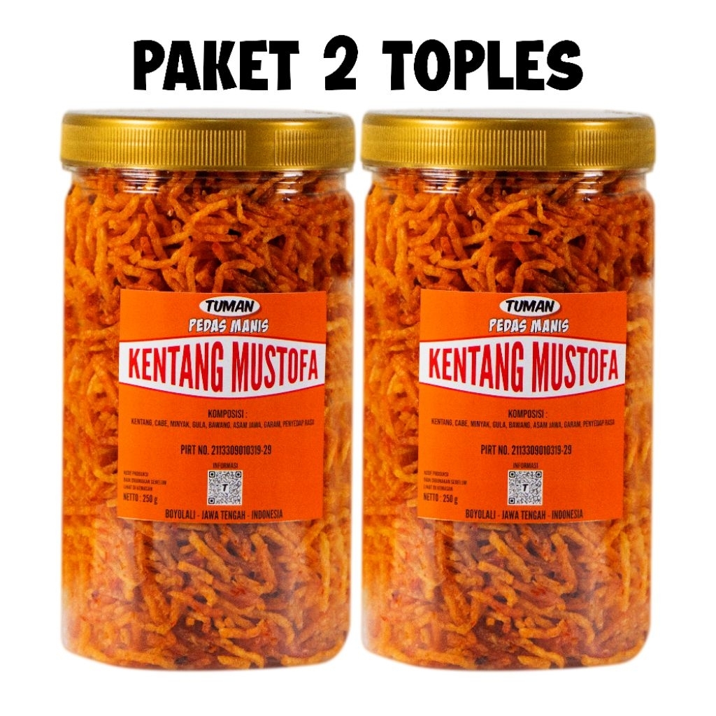 

Cemilan Tuman Kentang Mustofa Pedas Manis dan Original Paket Hemat 2 Toples 1000ml Renyah Crispy