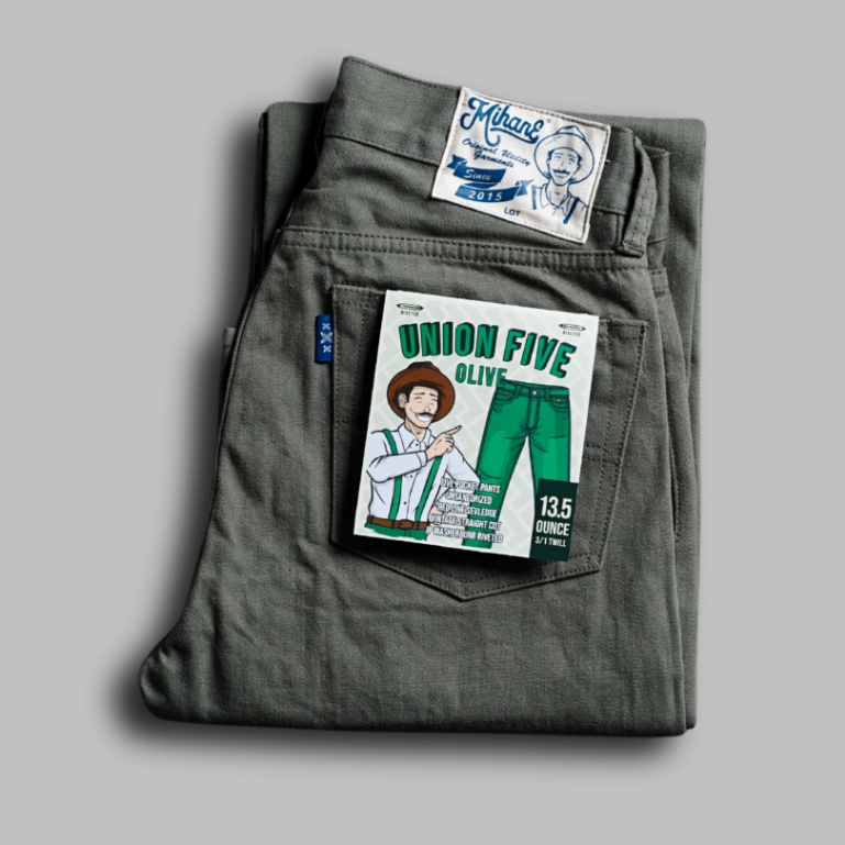 Mihane Jeans - Celana Jeans - Union Five Olive Twill "Five Pocket" Pants 13,5oz Red Line Selvedge Un