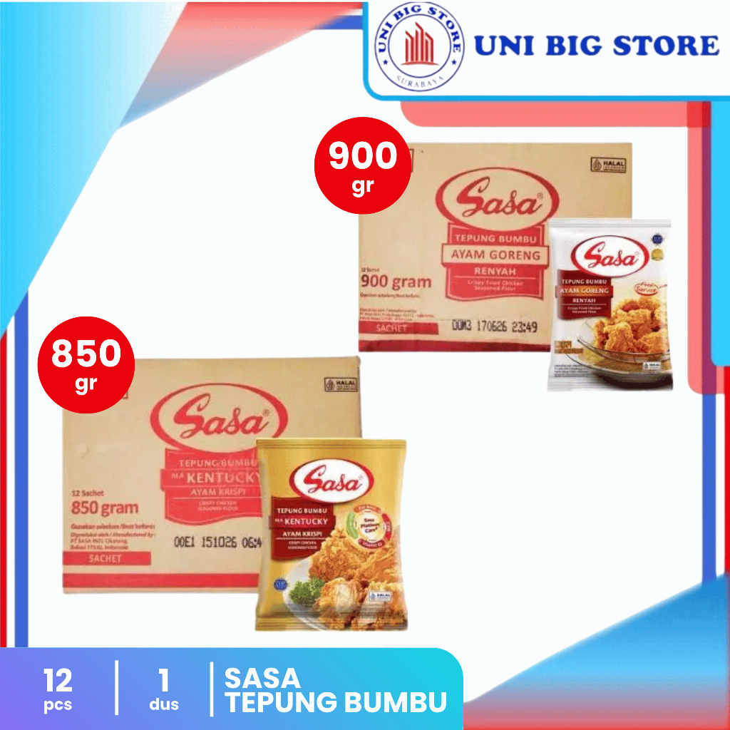 

SASA Tepung Bumbu Ayam Goreng Renyah 900 gr - Kentucky Ayam Krispi 850 gr DUS 12pcs
