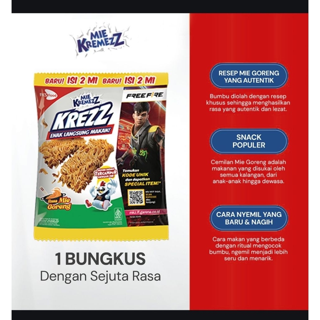 

Mie Kremezz Krezz - Mie Goreng - 1 karton (6 renceng) - 11pcs - 30gr