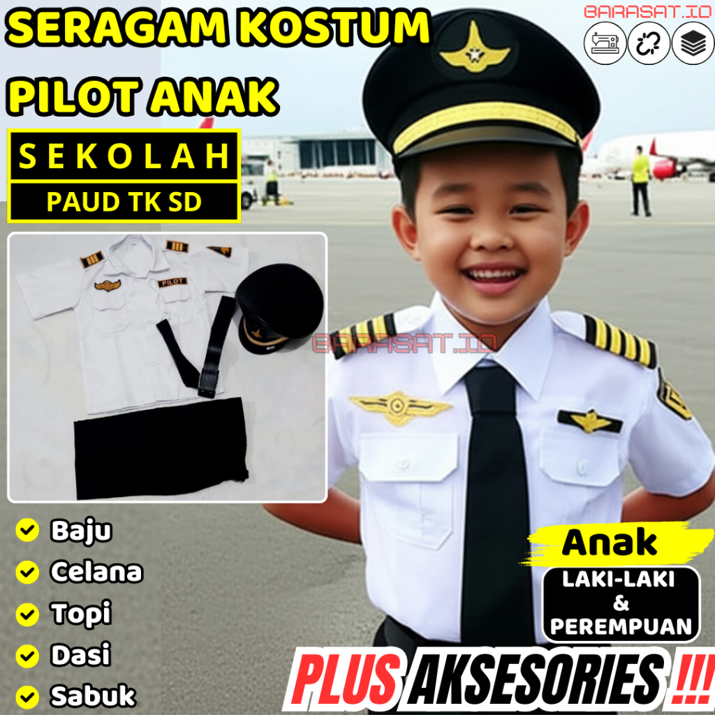Baju Seragam Pilot Anak Kostum Pawai Fashion Show Lengkap Aksesories Anak Laki Perempuan