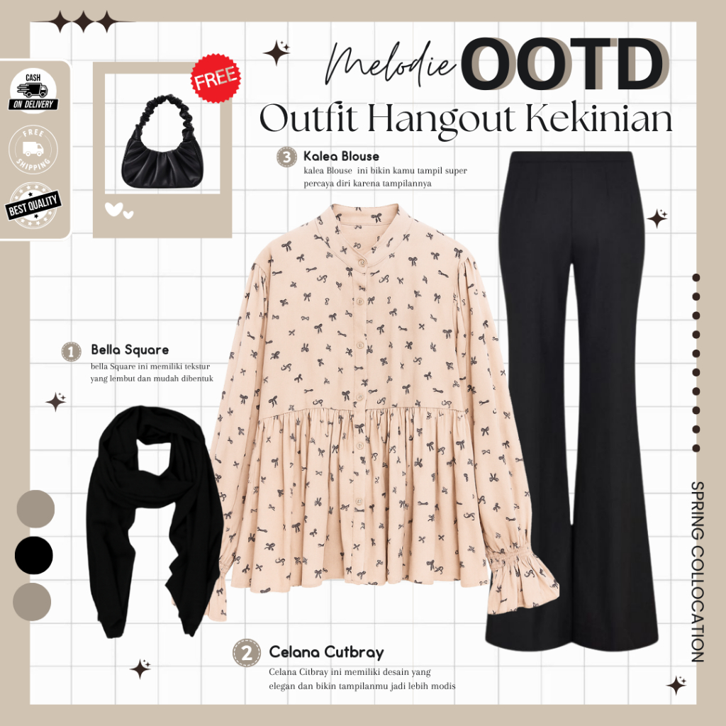 Kalea Blouse Oneset ( Hijab Bella Hitam + Kalea Blouse Brown + Celana Cutbray Hitam ) Outfit Wanita 