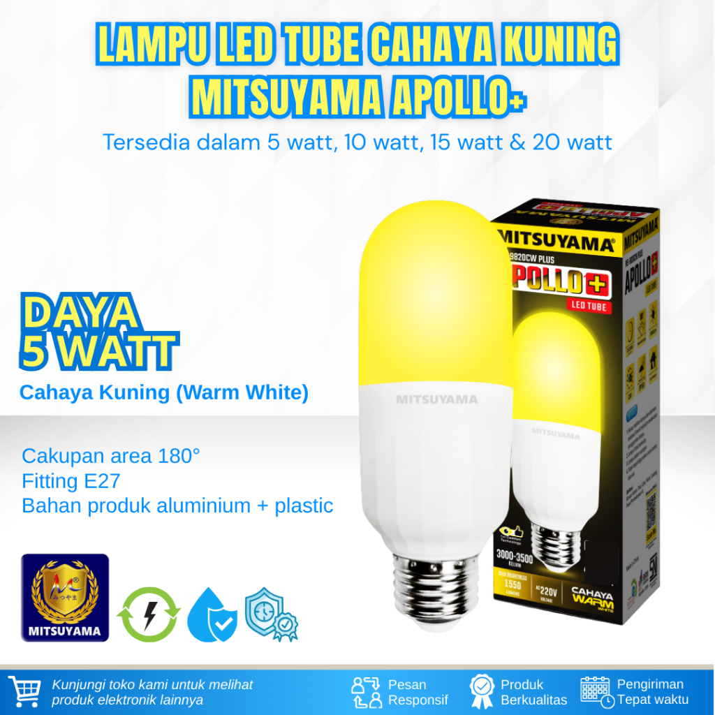 LAMPU LED TUBE APOLLO 5 WATT CAHAYA WARM WHITE LAMPU HIAS LED WARNA KUNING LAMPU TABUNG LED 5 WATT