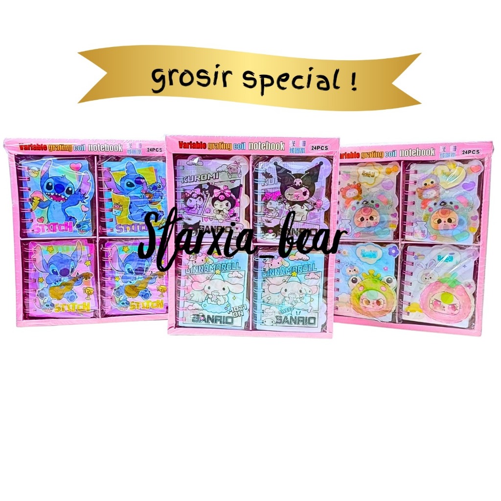 

Notes Ring Hologram/Buku Tulis/Buku Memo Ukuran A7 Melody Stitch and Friends/Grosir 1 Box Isi 24 Pcs