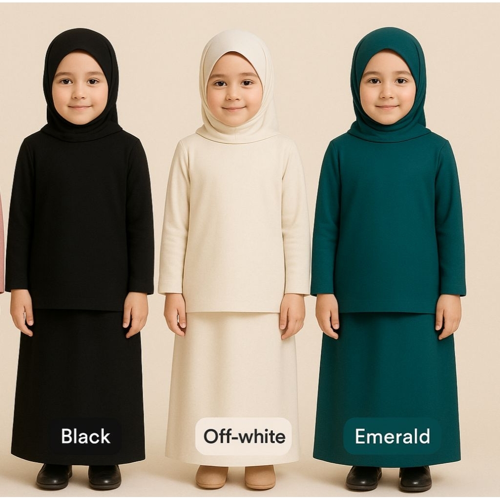 Setelan Baju Kurung Anak Wanita Modern Bahan Satin Velvet Polos One set Tunik Pakaian Melayu Kebaya 