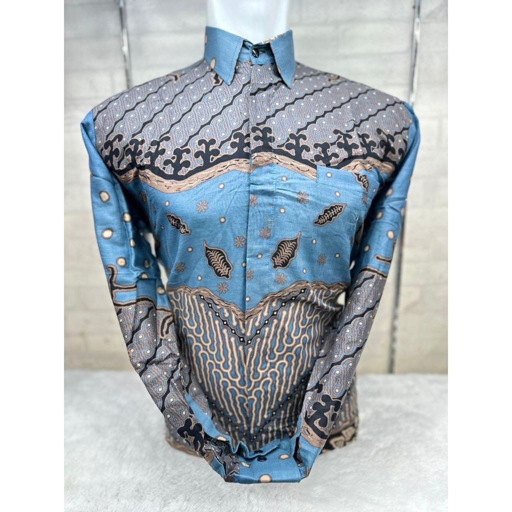 Batik Pria Lengan Panjang dan Pendek, Warna Biru Denim/Biru Muda, Motif Terbaru, Batik Premium, Size