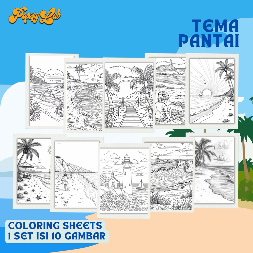

coloring sheets KERTAS MEWARNAI A4 - tema pantai beach isi 10 lembar LEMBAR BELAJAR EDUKATIF KREATIF BERLATIH SENI