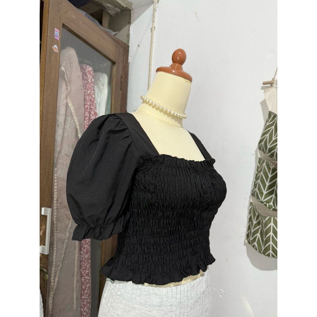 Wego Top blouse rib kerut hitam lengan balon