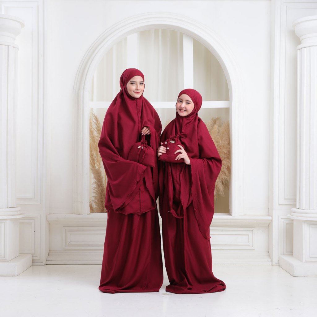 Mukena Couple Ibu & Anak 2in1 Resleting Dagu Tas Serut Katun Polos Premium