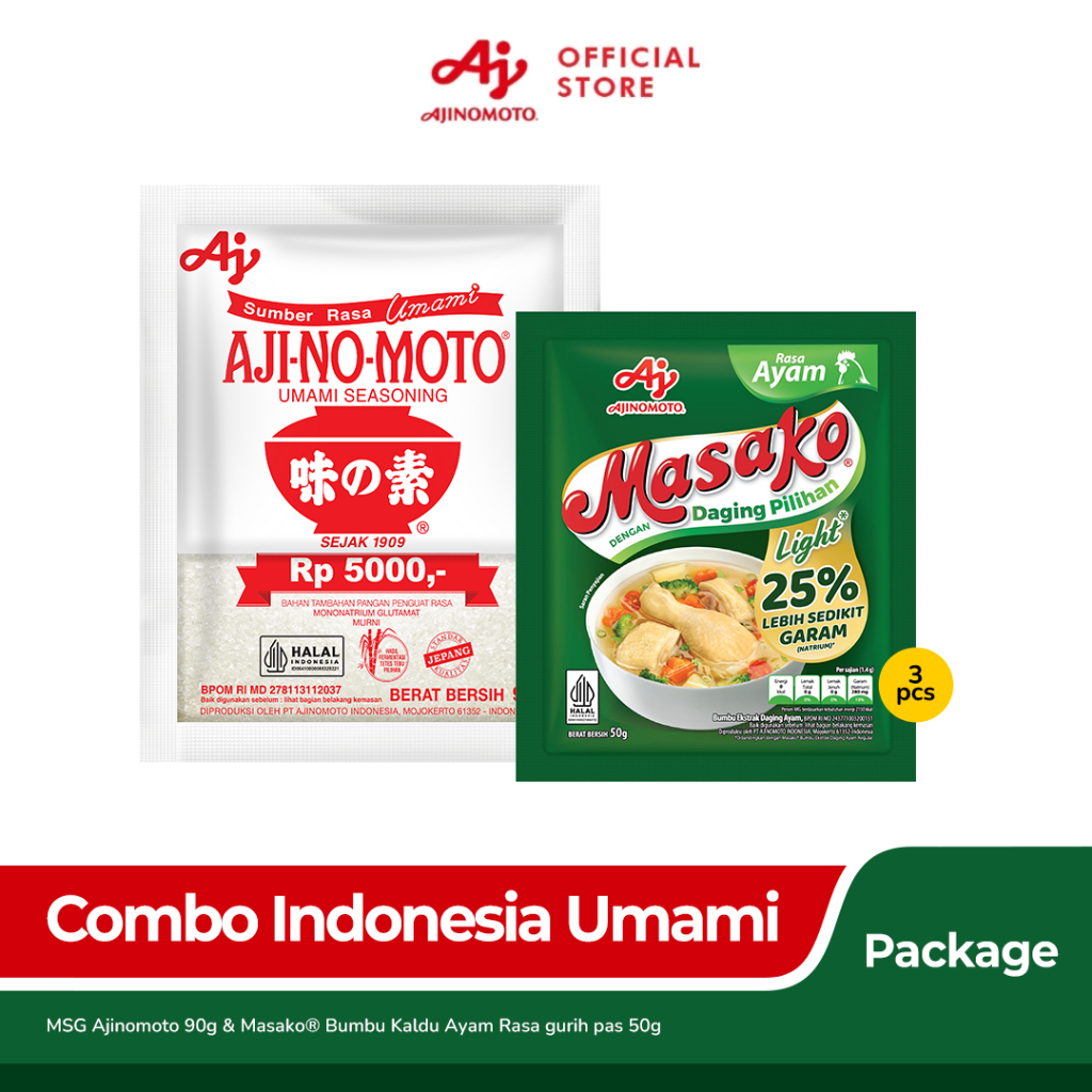 

Paket Spesial - Combo Indonesia Umami - Ajinomoto Penyedap Rasa MSG 90g & 1pcs Masako Bumbu Kaldu Rasa Ayam Lebih Rendah Garam 50g 3pcs - Dirgahayu Kemerdekaan Indonesia 80 Tahun