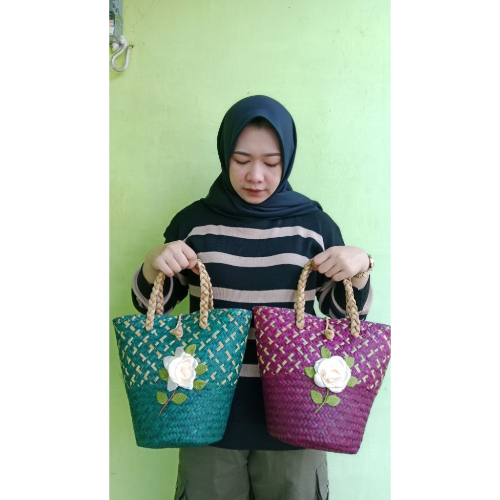 Tas Purun Bundar Bunga Mawar
