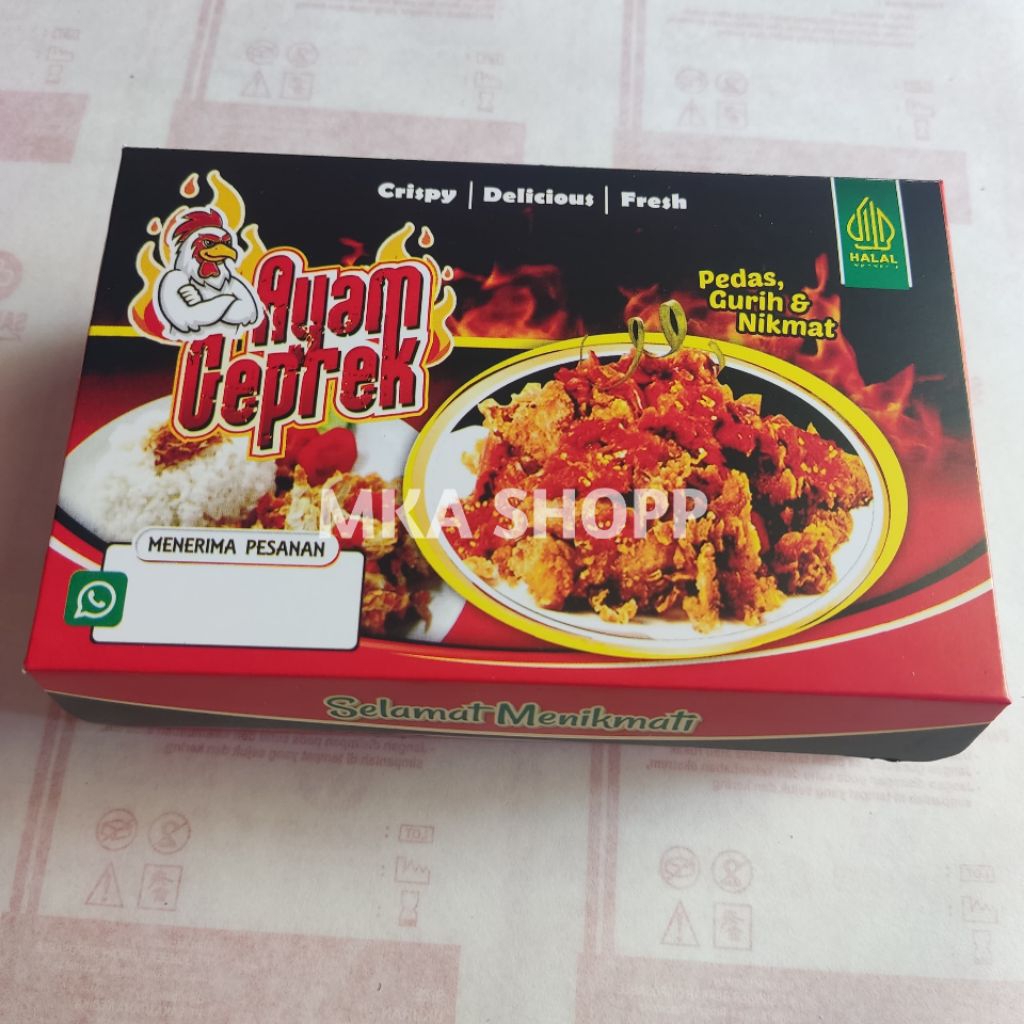 kemasan ayam geprek motif 3D ukuran 15×10×6cm isi 100 lembar / box ayam geprek bahan ivory glossy / 