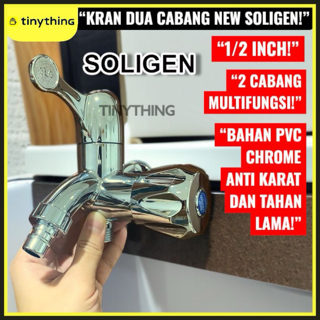 Kran Cabang Chrome NEW SOLIGEN/ Kran Air 2 Cabang cocok untuk Dapur Toilet Mesin Cuci Bisa COD