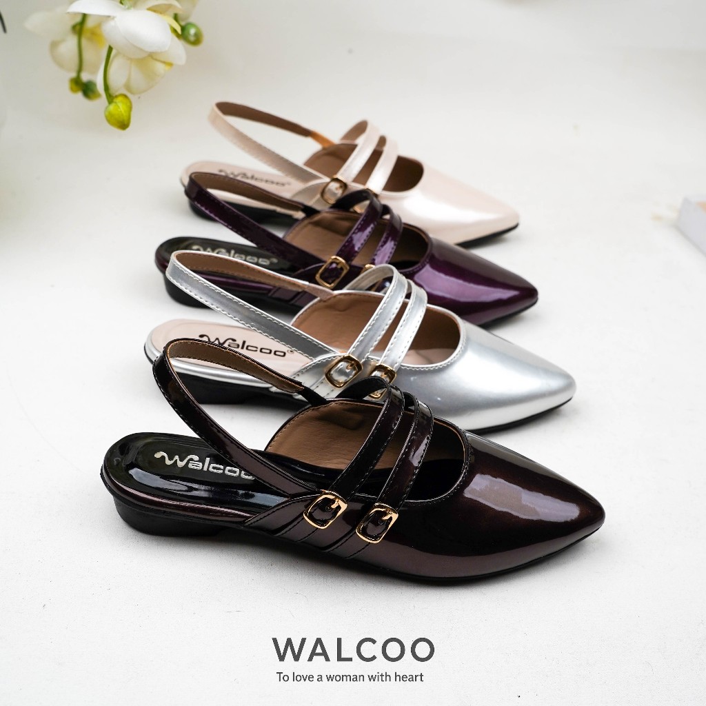 Walcoo Aurelia Nyx Flat Shoes Slingback Pointed Glossy Elegan Wanita Kekinian