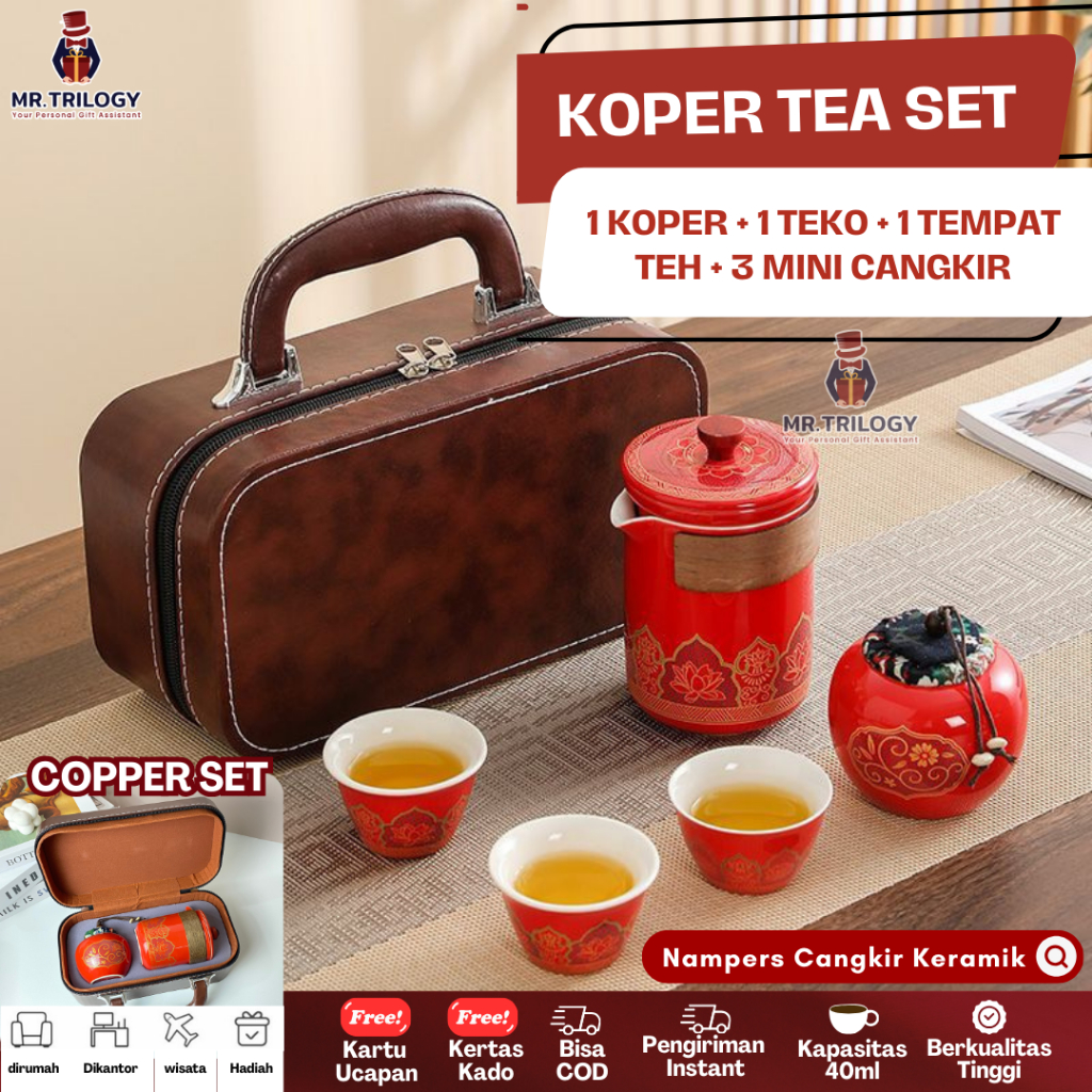 Tea Set Gift Set Keramik Premium Cangkir Lengkap + Teapot + Koper Travel Bag Souvenir Wedding Sangji