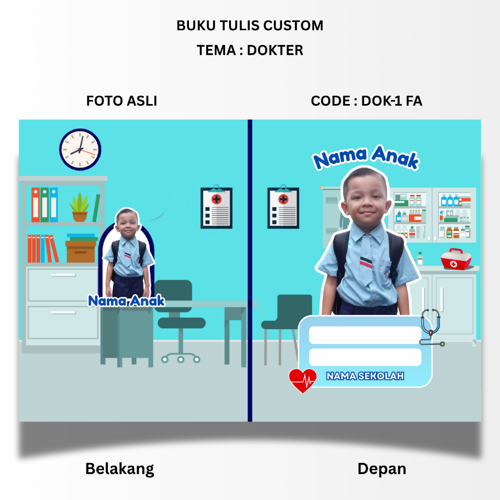 

BUKU TULIS CUSTOM - TEMA DOKTER - STANDART UKURAN SIDU 160X210 - BISA PAKAI FOTO ANAK ASLI ATAU UBAH KE KARTUN
