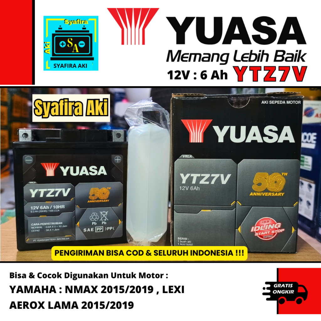 AKI YUASA YTZ7V 12V-6AH YAMAHA N-MAX OLD AEROX SERIES LEXI DLL AKI KERING YUASA AKI MOTOR YUASA