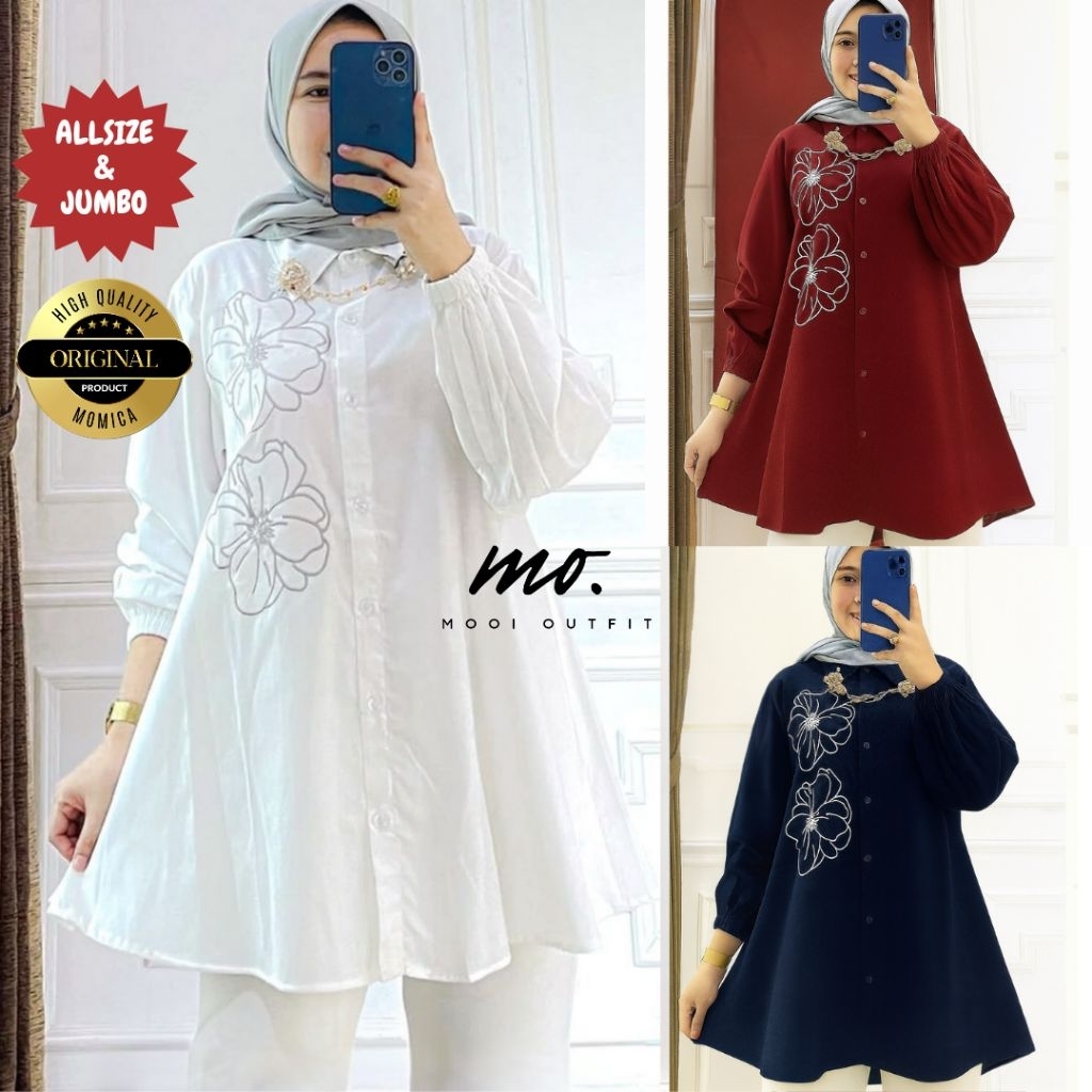 Tunik Bordir Bunga Premium Adem LD 110-140 Kemeja Wanita Jumbo Lengan Panjang