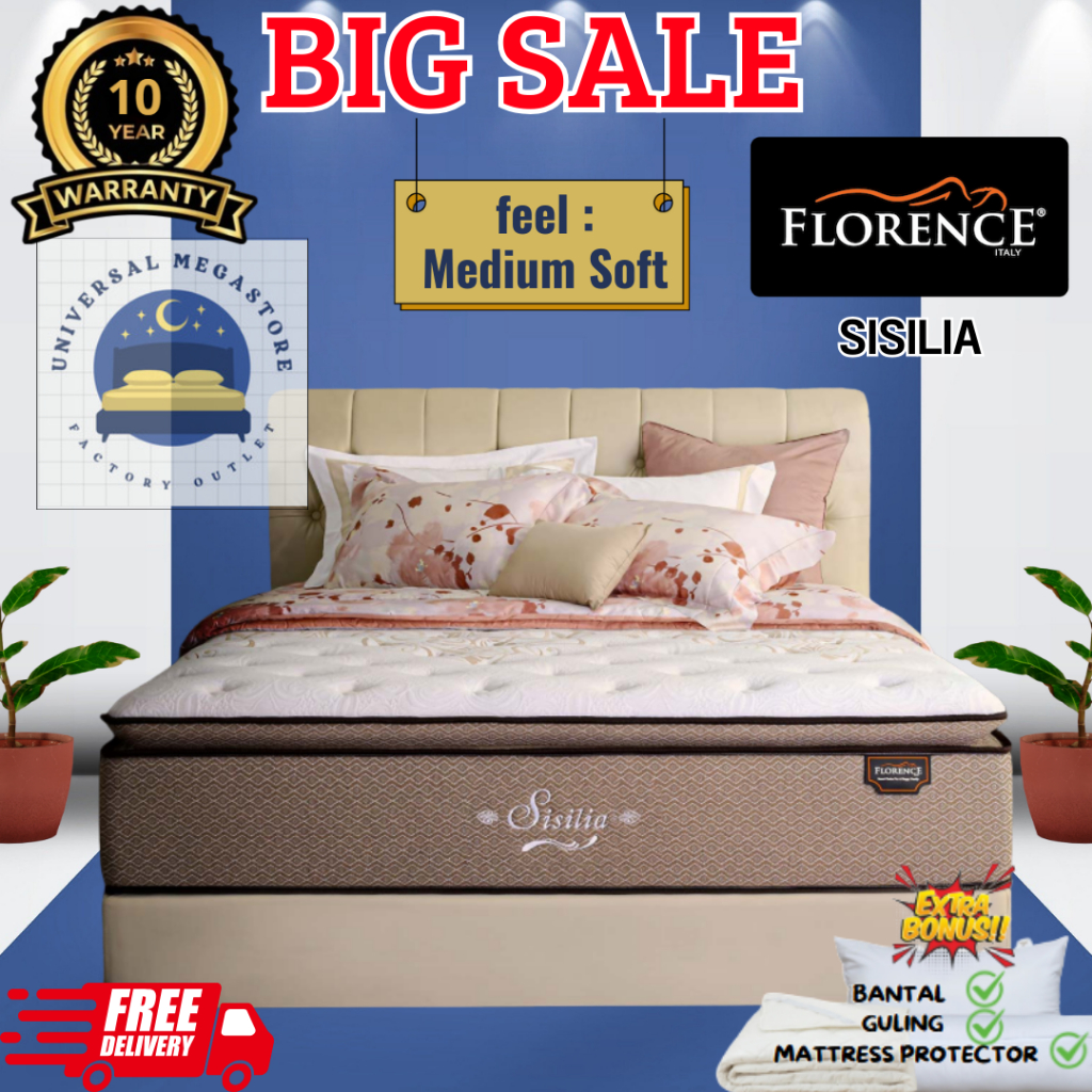 FLORENCE Kasur POCKET Springbed NEW SISILIA Mega Pillow Top LATEX Medium soft KASUR SAJA / FULL SET 
